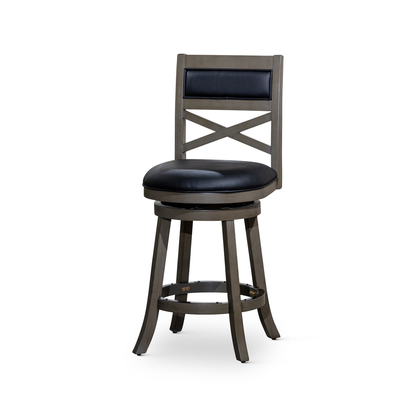 30" Bar Height X-Back Swivel Stool,  Weathered Gray Finish, Black Leather Seat