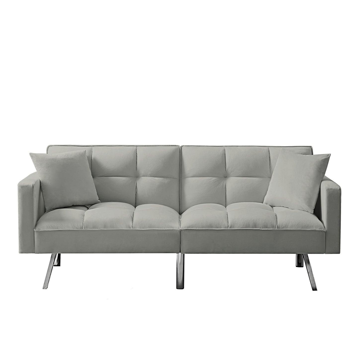 Futon Sofa Sleeper Grey Velvet with 2 Pillows