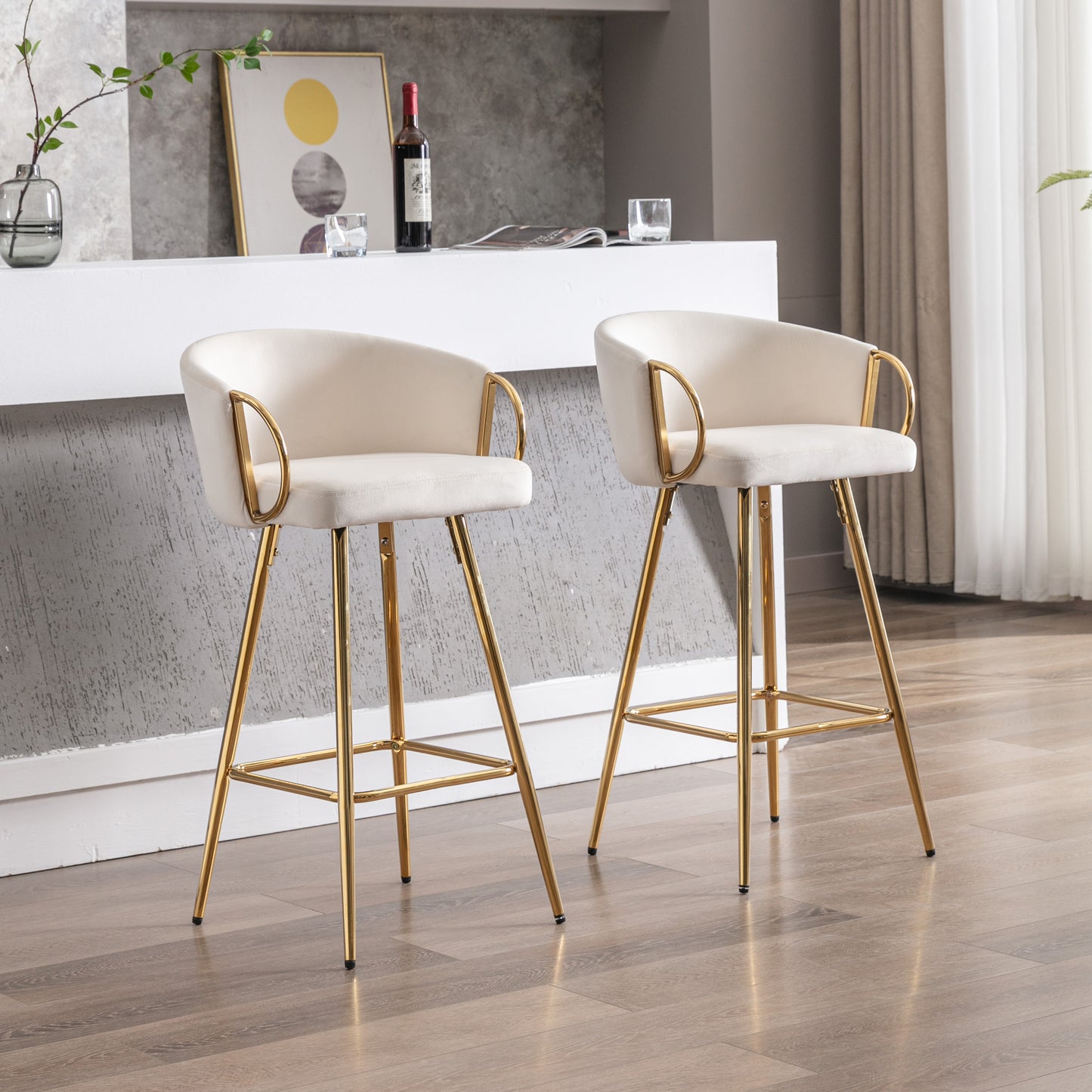 30 Inch Set of 2 Bar Stools,with Chrome Footrest and Base Velvet + Golden Leg Simple Bar Stool,CREAM