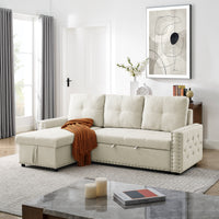 Sectional Sofa with Pulled Out Bed, 2 Seats Sofa and Reversible Chaise with Storage, Both Hands with Copper Nail, Beige, (85" x 56.5" x 35")