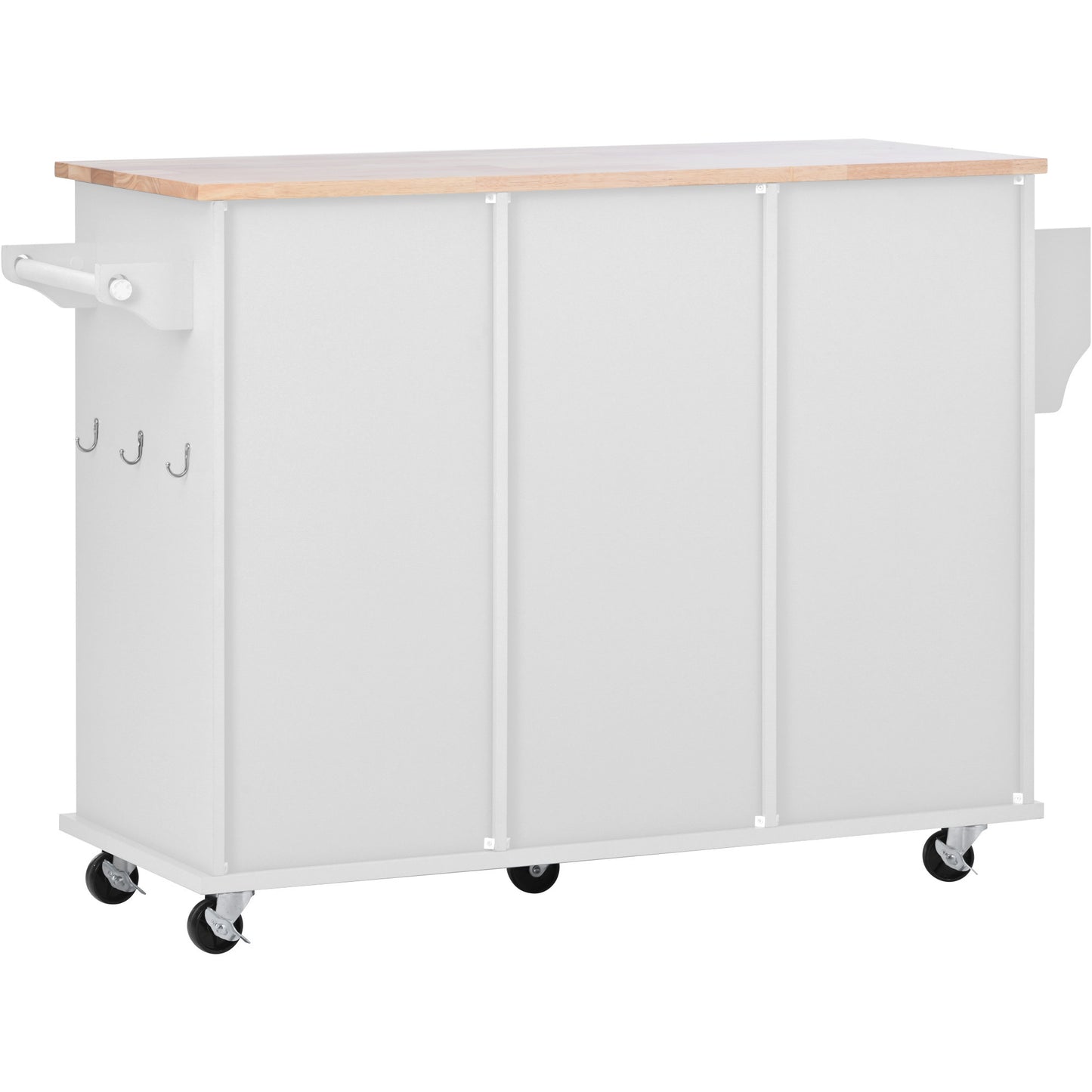 K&K kitchen island cart with Spice Rack, Towel Rack & Drawer, Rubber Wood Desktop, 5 Wheels Including 4 Lockable Wheels, 52.8inch Width (White)