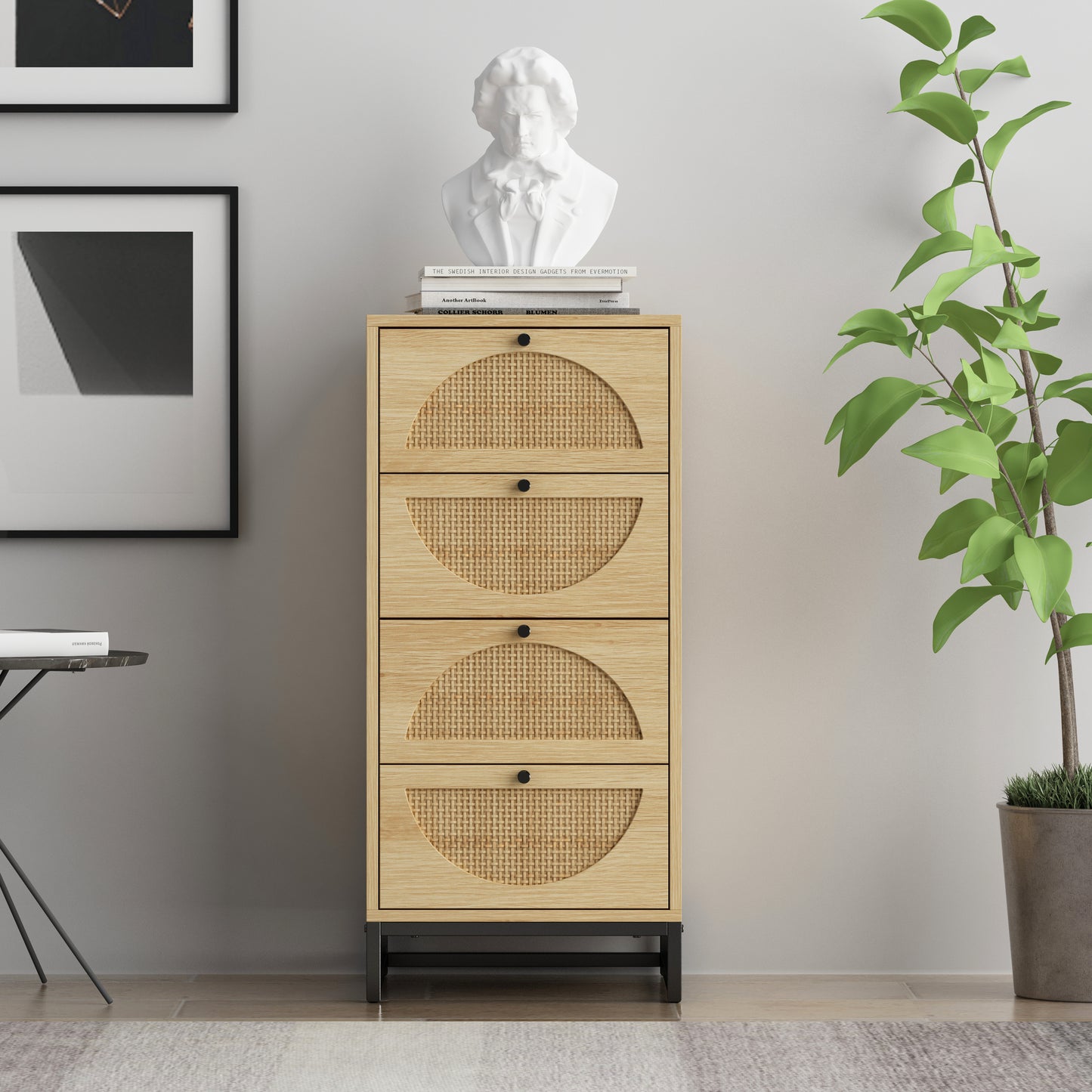 Natural Rattan, Cabinet with 4 Drawers, Suitable for Living Room, Bedroom and Study, Diversified Storage