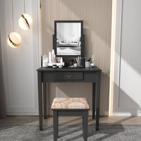 53.5''H Elegant Wood Makeup Vanity Set Dressing Table Furniture with Rotating Rectangular Mirror and Drawer, Black