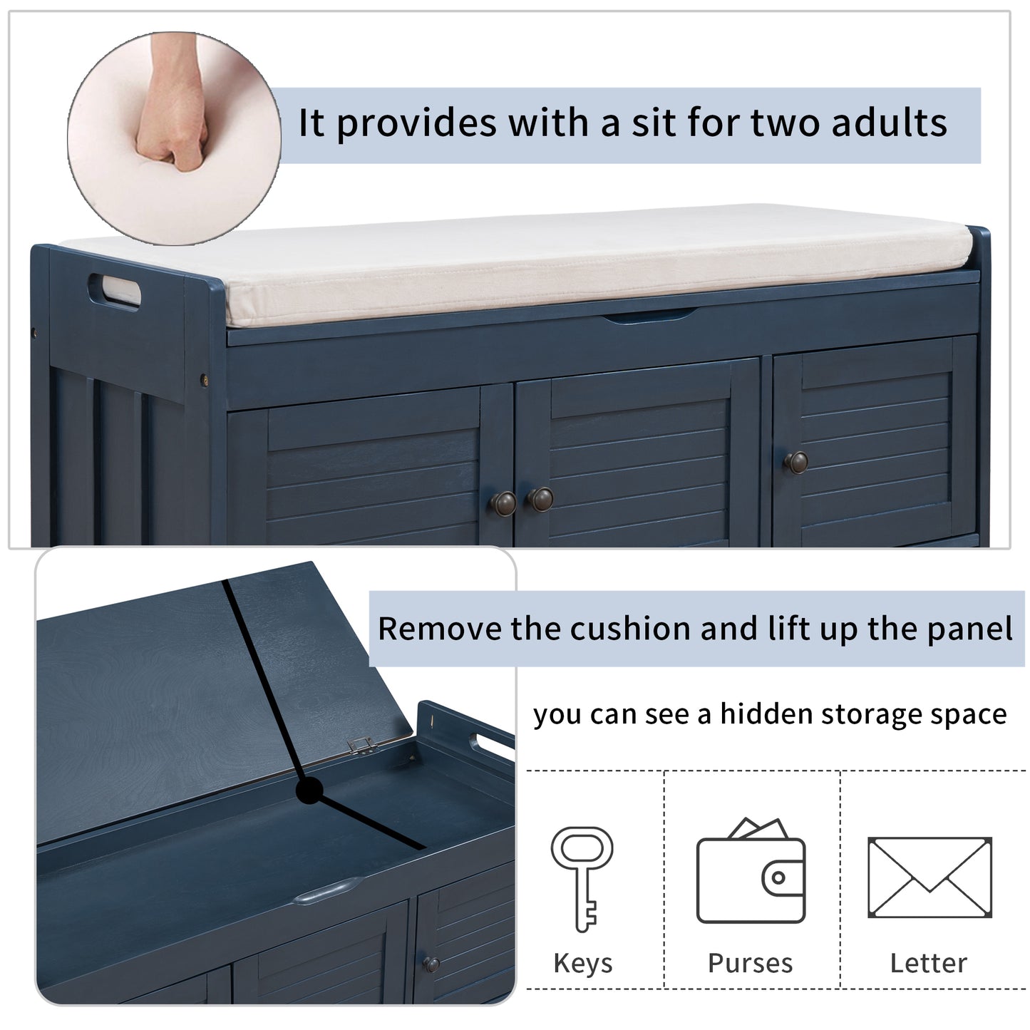 Storage Bench with 3 Shutter-shaped Doors, Shoe Bench with Removable Cushion and Hidden Storage Space (Antique Navy)