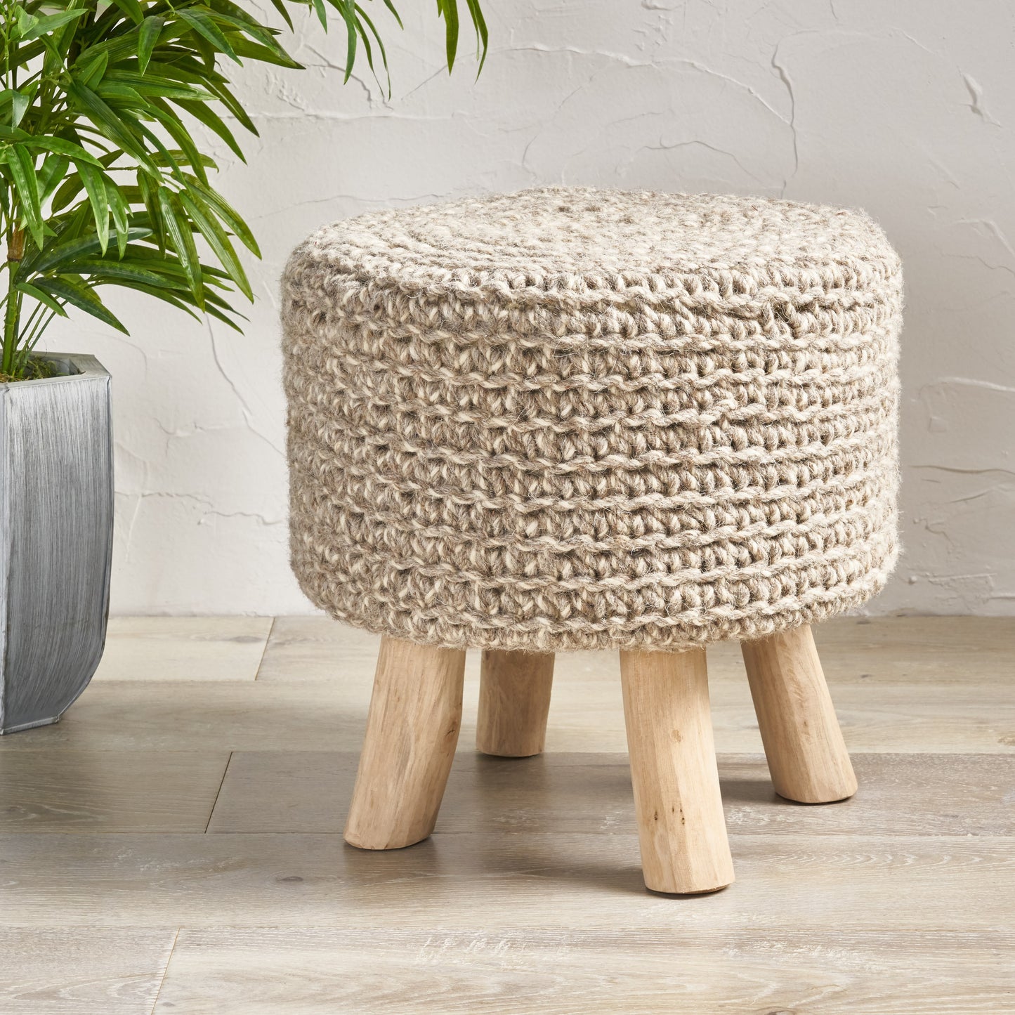 Montana Handcrafted Boho Wool Ottoman Stool, Gray and Natural