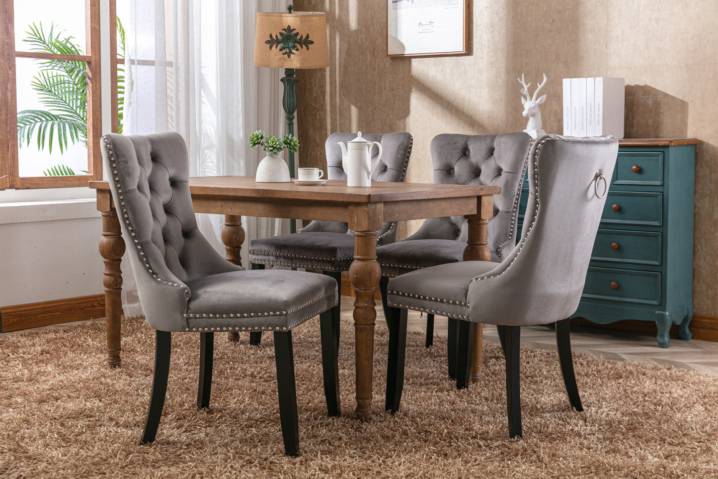 A&A Furniture, Nikki Collection Modern, High-end Tufted Solid Wood Contemporary Velvet Upholstered Dining Chair with Wood Legs Nailhead Trim 2-Pcs Set, Gray