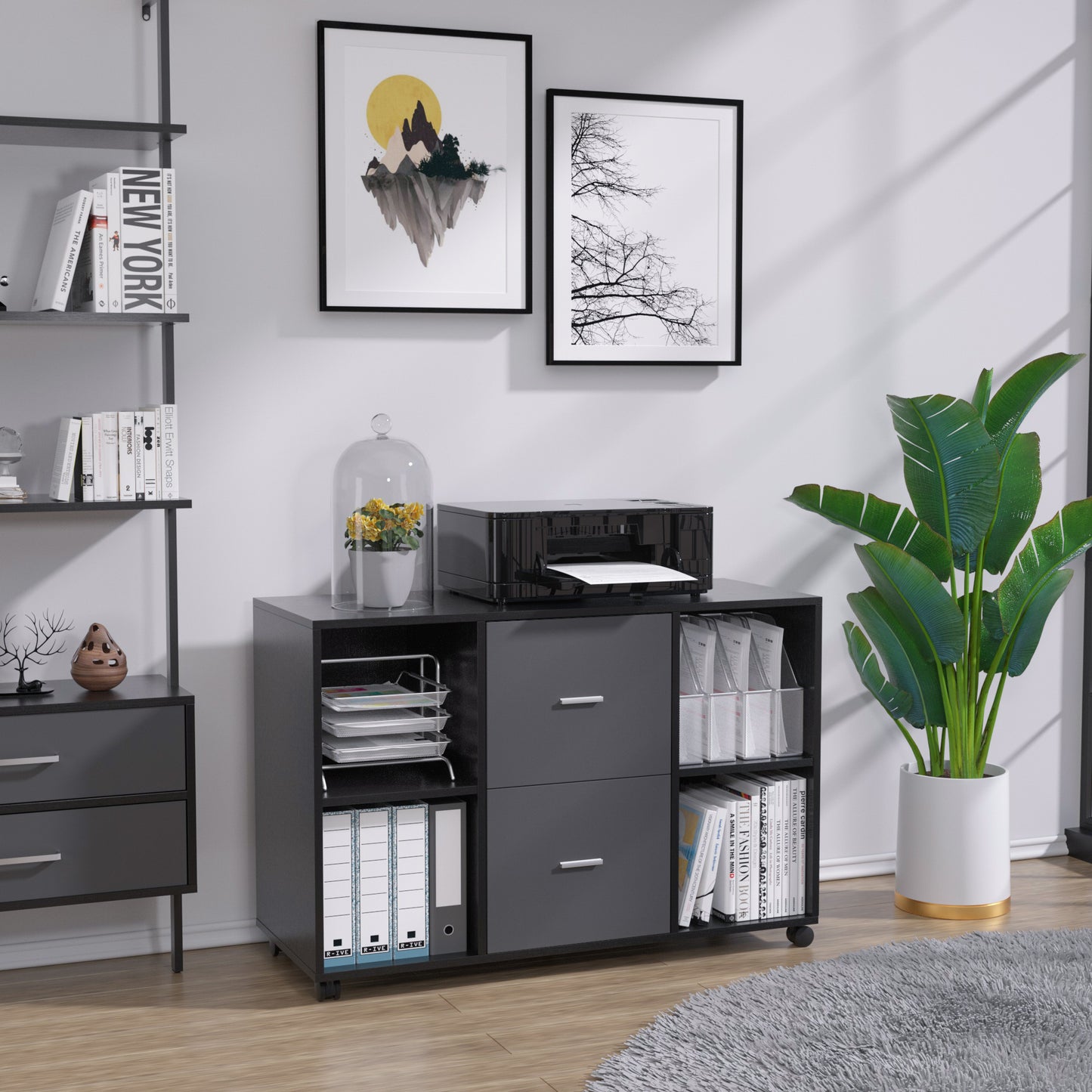 2 Drawer Wooden Horizontal Filing Cabinet with 4 Open Storage Shelves, Black Oak Dark Gray