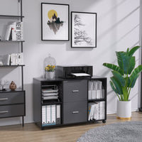 2 Drawer Wooden Horizontal Filing Cabinet with 4 Open Storage Shelves, Black Oak Dark Gray