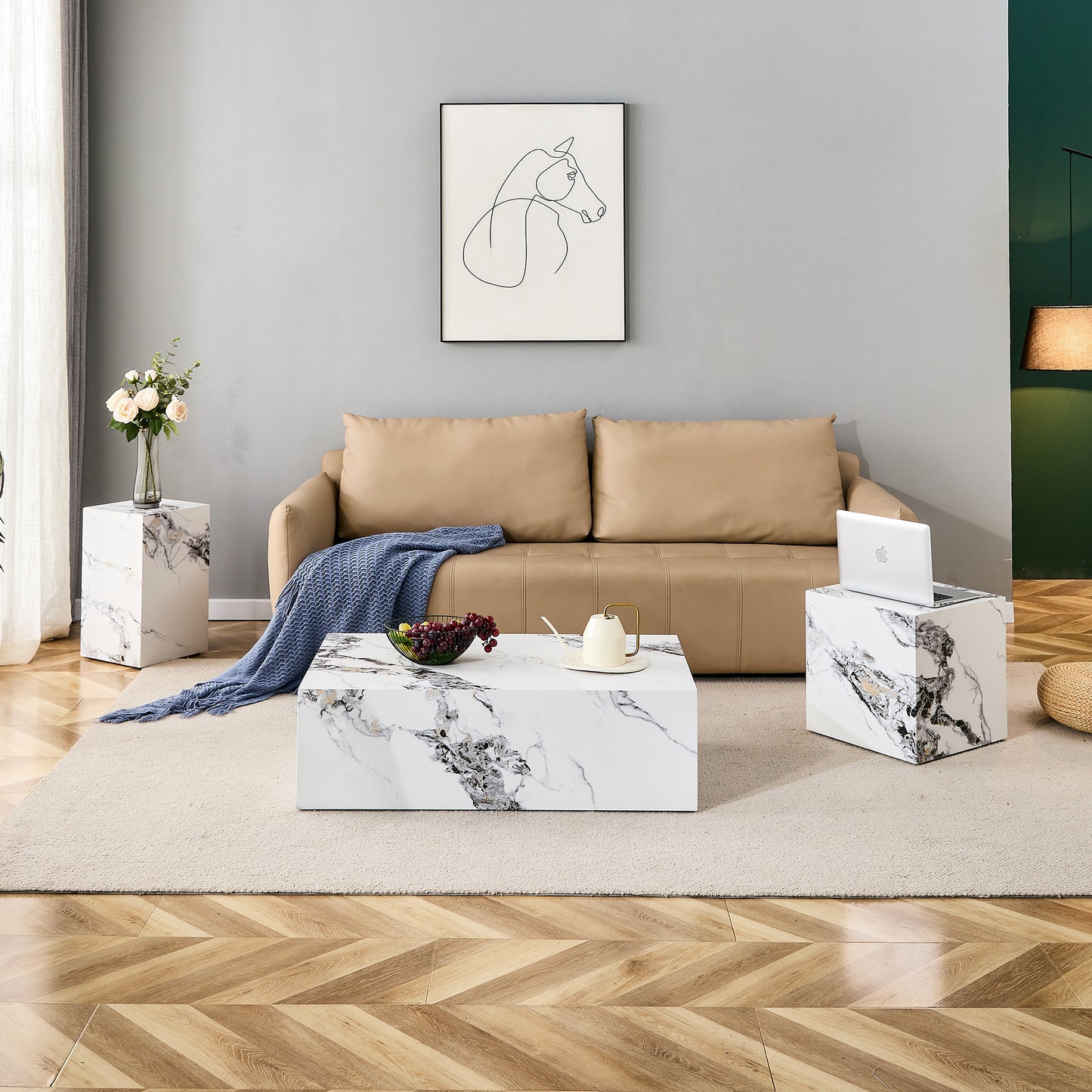 A stylish and durable design paired with a modern 3 piece coffee table set with marble patterns.