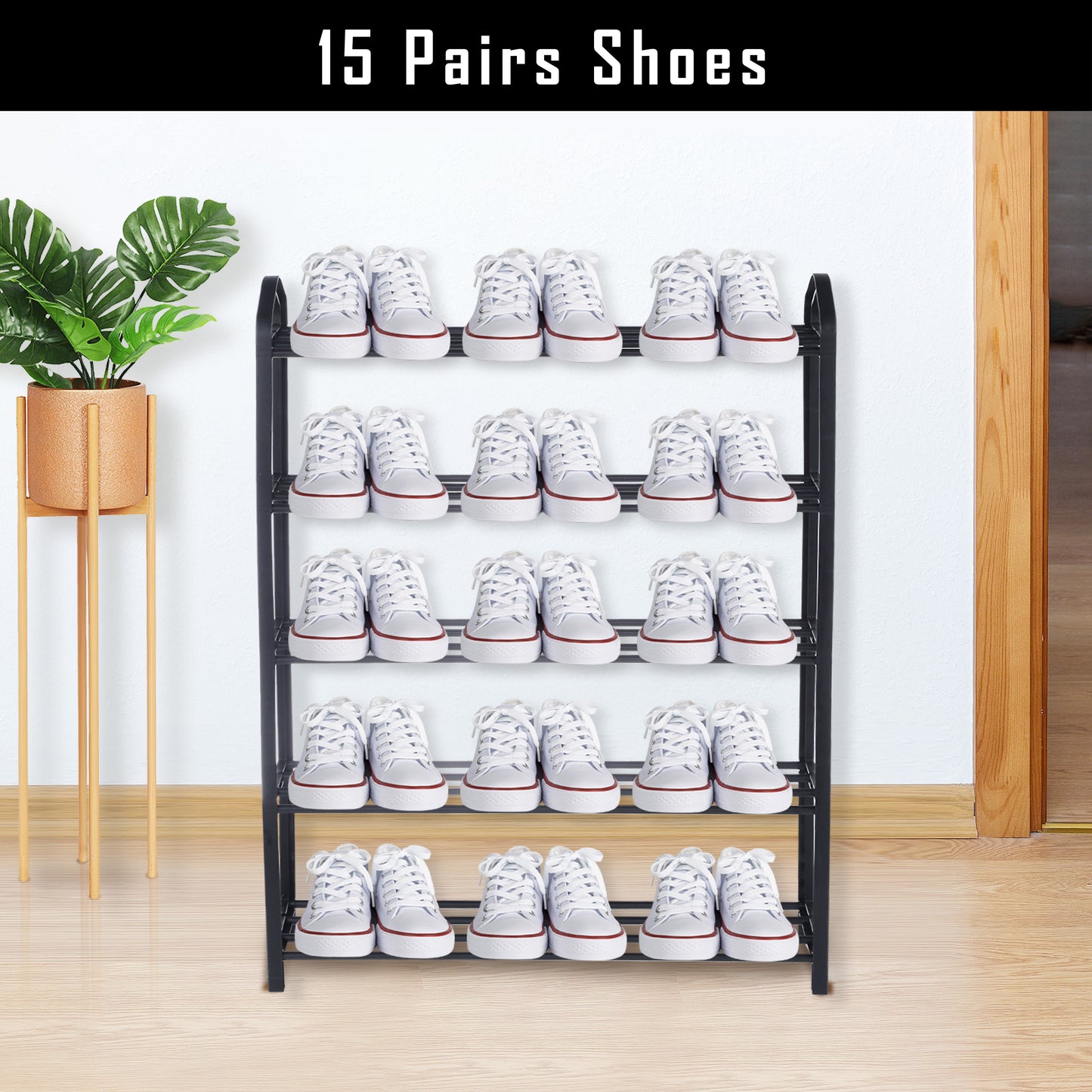 5-Tier Stackable Shoe Rack, 15-Pairs Sturdy Shoe Shelf Storage, Black Shoe Tower for Bedroom, Entryway, Hallway, and Closet