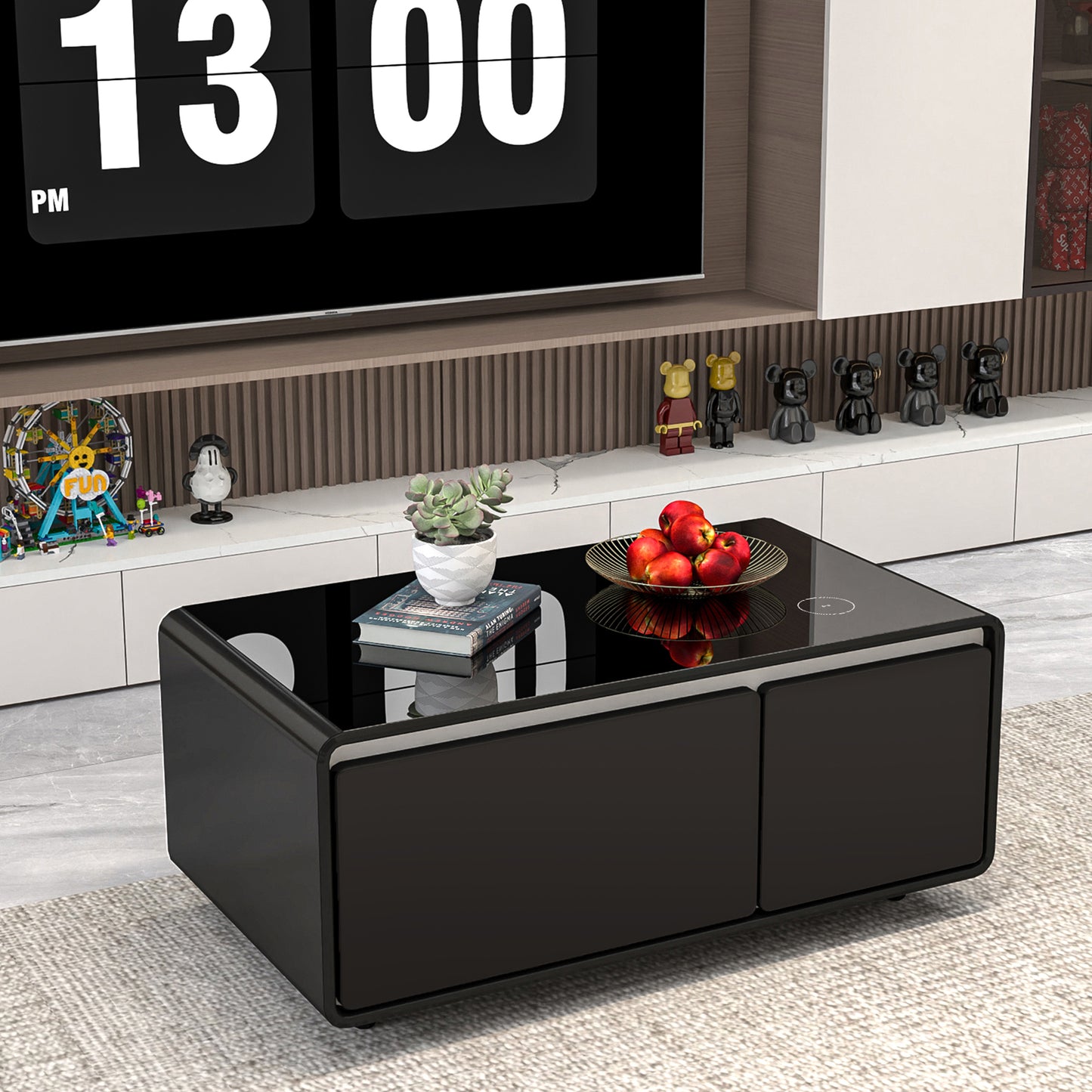 Modern Smart Coffee Table with Built-in Fridge, Wireless Charging, Power Socket, USB Interface, Outlet Protection, Mechanical Temperature Control and Ice Water Interface, Black