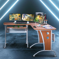 Techni Mobili Deluxe L-Shaped Computer Desk With Pull Out Keyboard Panel, Mahogany