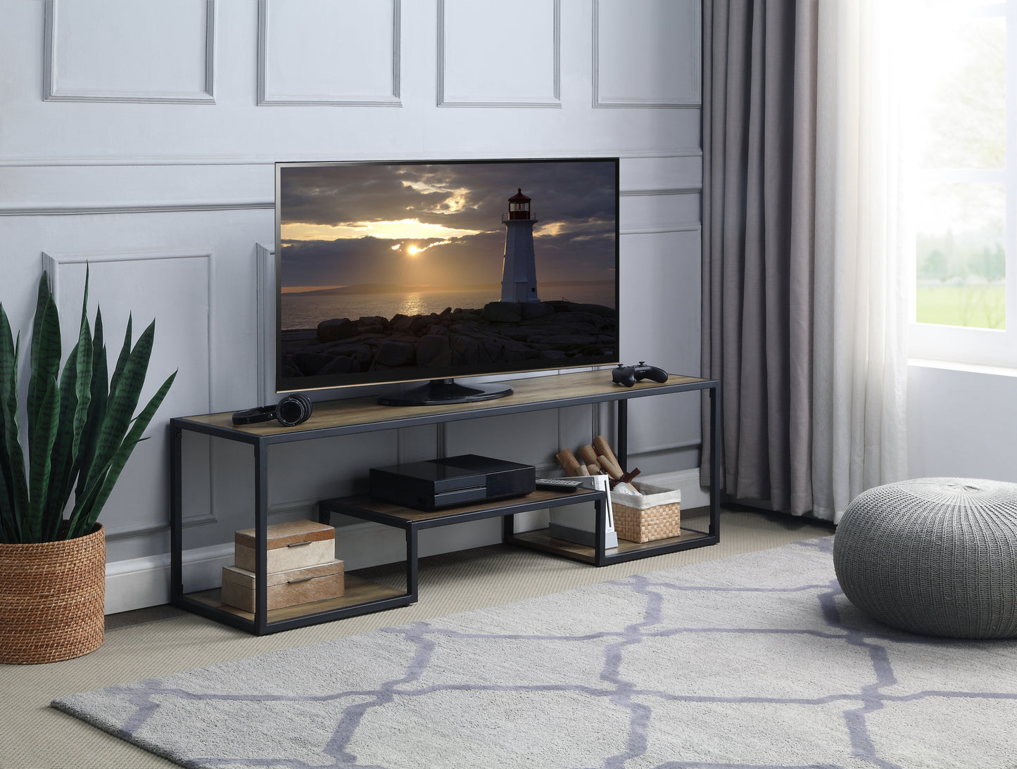 ACME Idella TV Stand in Rustic Oak & Black Finish