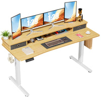 Sweetcrispy Home Office Height Adjustable Electric Standing Desk with Storage Shelf Double Drawer