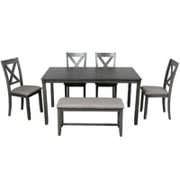 6-Piece Kitchen Dining Table Set Wooden Rectangular Dining Table, 4 Dining Chairs and Bench Family Furniture for 6 People (Grey)