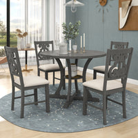 5-Piece Round Dining Table and Chair Set with Special-shaped Legs and an Exquisitely Designed Hollow Chair Back for Dining Room (Gray)