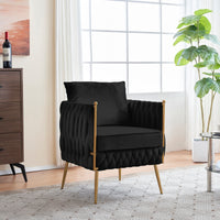 Modern Comfy Handmade Bucket Woven Velvet Accent Chair Arm Chair, Fluffy Tufted Upholstered Single Sofa Chair for Living Room, Bedroom, Office, Waiting Room, Black Velvet