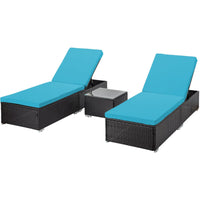 Brown 3-Piece Wicker Outdoor Chaise Lounge Set with Blue Cushions, End Table