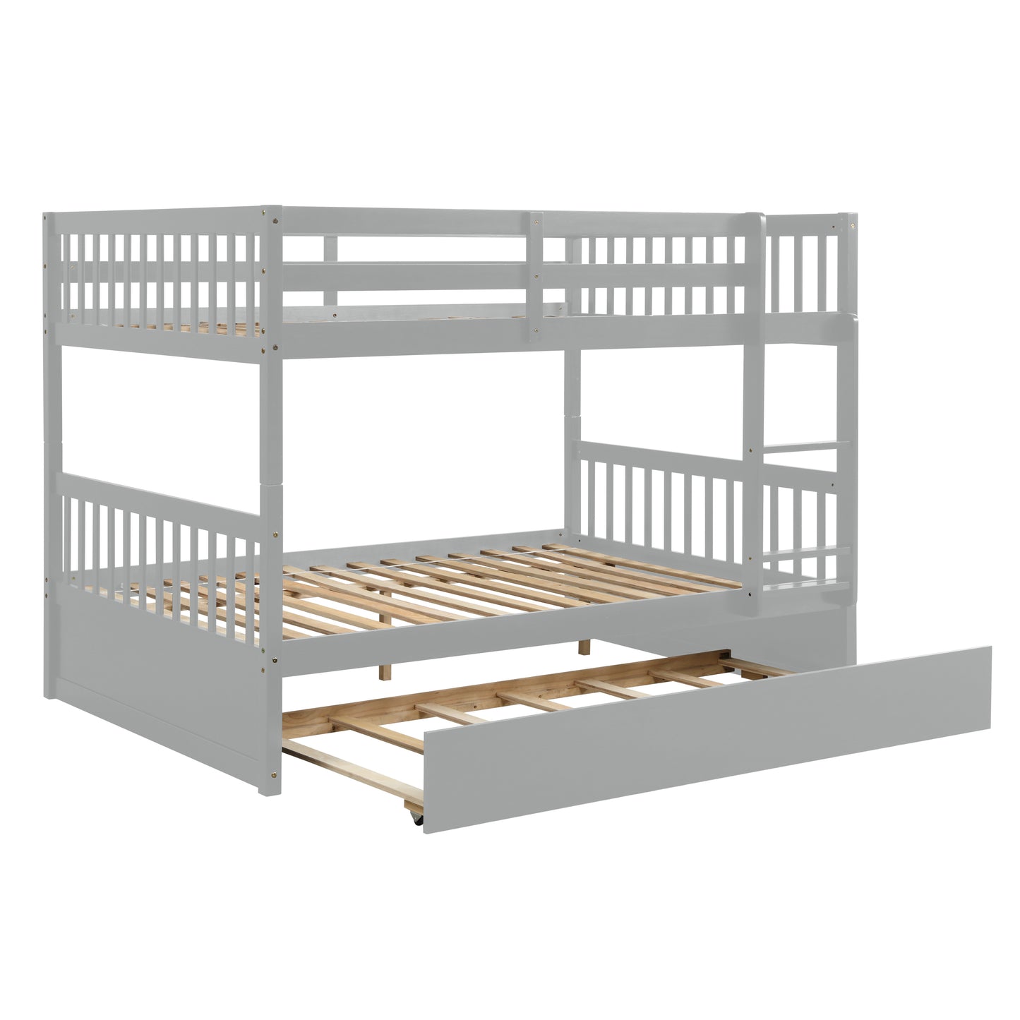 Full Over Full Bunk Bed with Trundle, Convertible to 2 Full Size Platform Bed, Full Size Bunk Bed with Ladder and Safety Rails for Kids, Teens, Adults, Grey