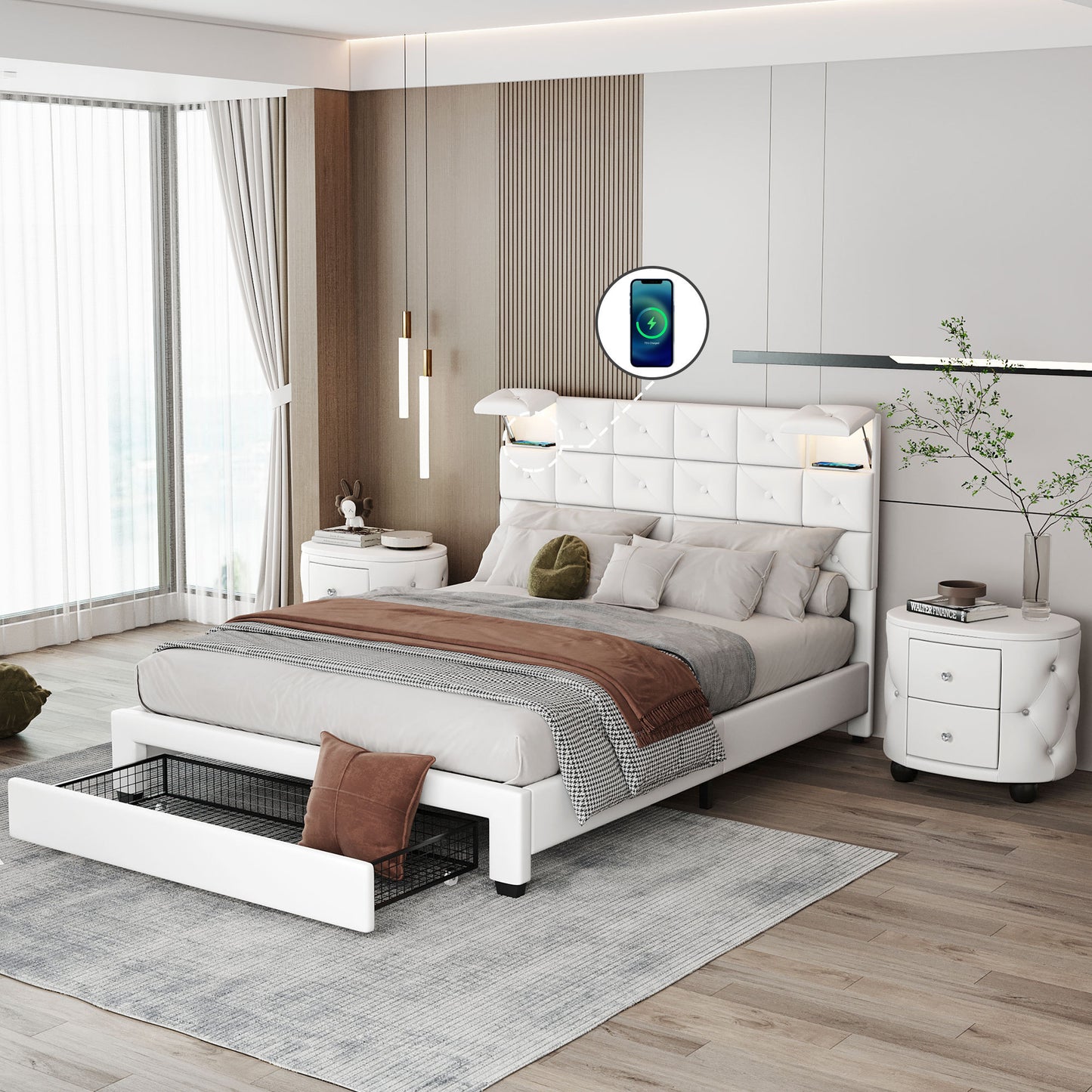 3-Pieces Bedroom Sets, Queen Size Upholstered Platform Bed with Two Wireless Chargers, Two Motion Activated Night Lights and Two Nightstands-White