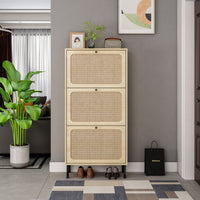 Natural  Rattan 3 Door Shoe Rack, Freestanding Modern Shoe Storage Cabinet, for Entryway