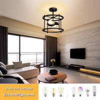 Black Semi-Recessed Ceiling Light, 2 Lights Farmhouse Industrial Style with E26/27 Bulb Base (without Bulb), Voltage 110V and 220V