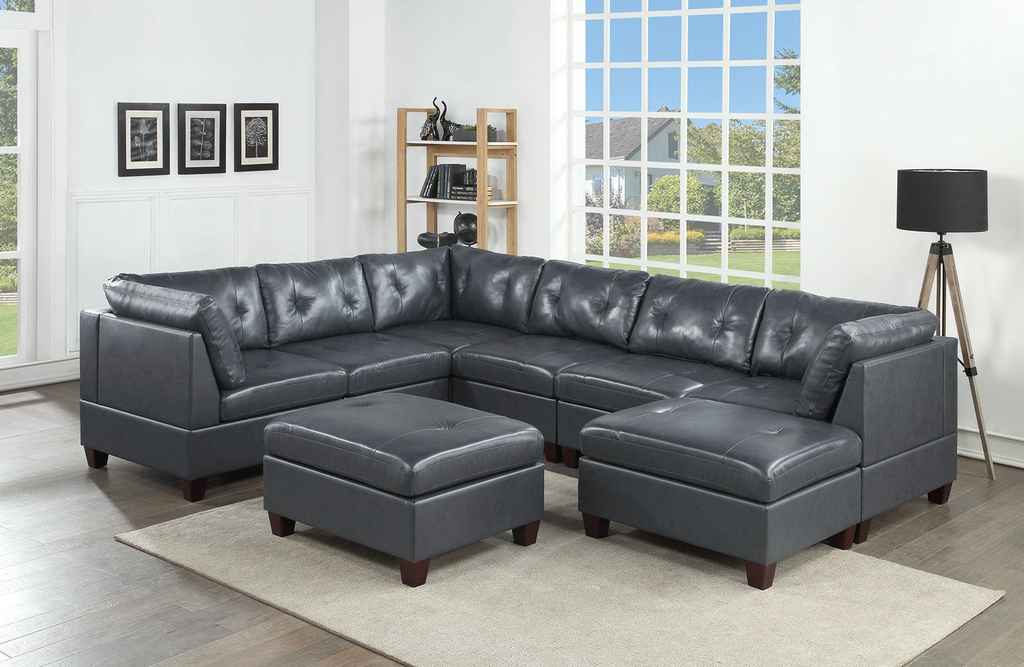 Contemporary Genuine Leather Black Tufted 8pc Sectional Set 3x Corner Wedge 3x Armless Chair 2x Ottomans Living Room Furniture Sofa Couch