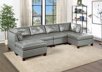 Genuine Leather Sectional Sofa Chair Ottomans 6pc Set Grey Tufted Couch Living Room Furniture