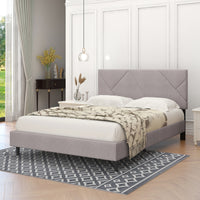 Full Size Linen Light Beige Sqaure Upholstered Platform Bed With Slat Support.