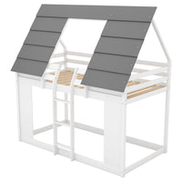 House Bunk Bed with Roof and Built-in Ladder, White