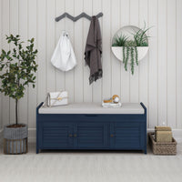 Storage Bench with 3 Shutter-shaped Doors, Shoe Bench with Removable Cushion and Hidden Storage Space (Antique Navy)