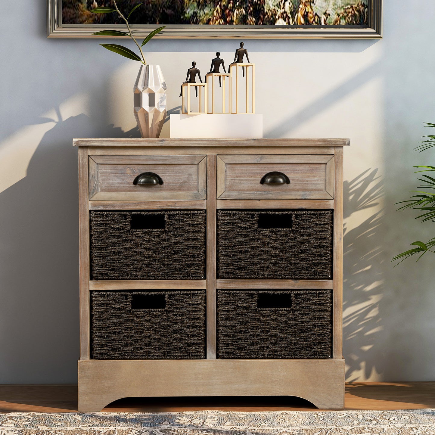 Rustic Storage Cabinet with Two Drawers and Four Classic Rattan Basket for Dining Room/Living Room (White Washed)