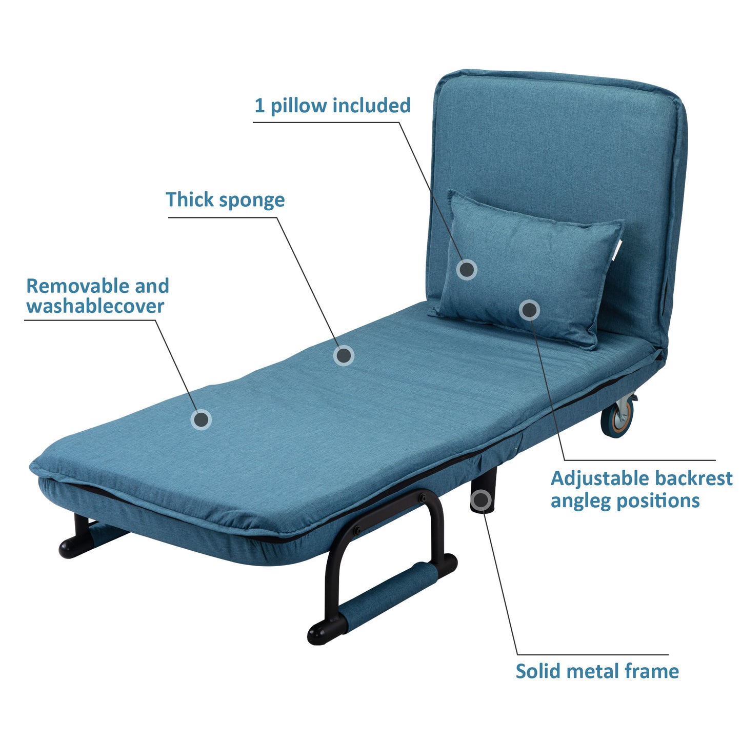 Lounge Chair Adjustable Folding Dual-Purpose Chair Sofa Bed Recliner Chair - Blue with Pillow