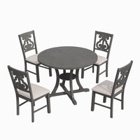 5-Piece Round Dining Table and Chair Set with Special-shaped Legs and an Exquisitely Designed Hollow Chair Back for Dining Room (Gray)