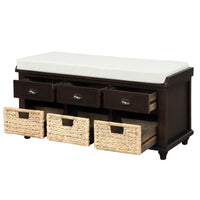 Rustic Storage Bench with 3 Drawers and 3 Rattan Baskets, Shoe Bench for Living Room, Entryway (Espresso)