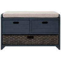 Storage Bench with Removable Basket and 2 Drawers, Fully Assembled Shoe Bench with Removable Cushion (Navy)