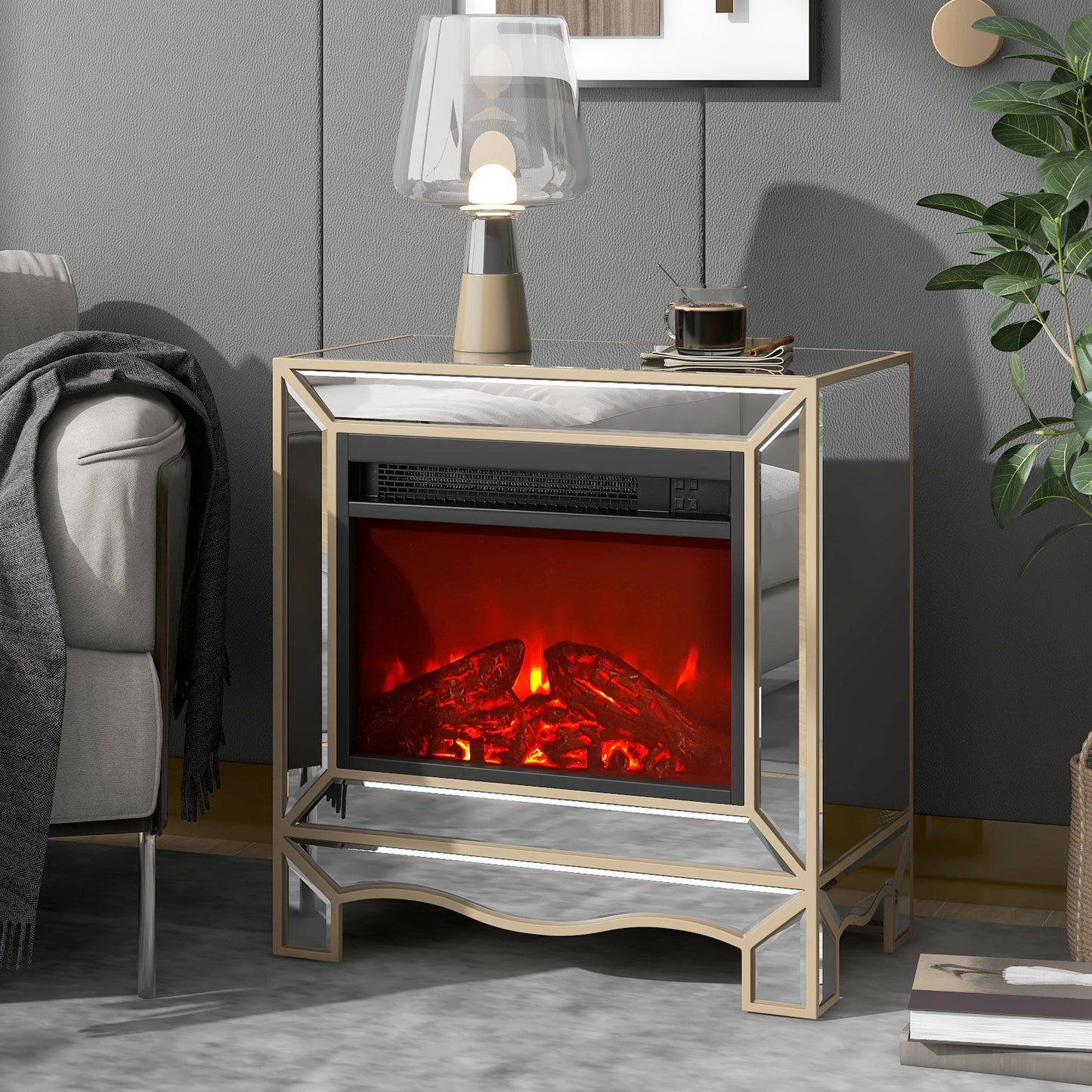 Mirrored Mantelpiece with Champagne Color Bezel Built in 1500 Function Heating W 23.2"X D 13.4“ X H 24.4”