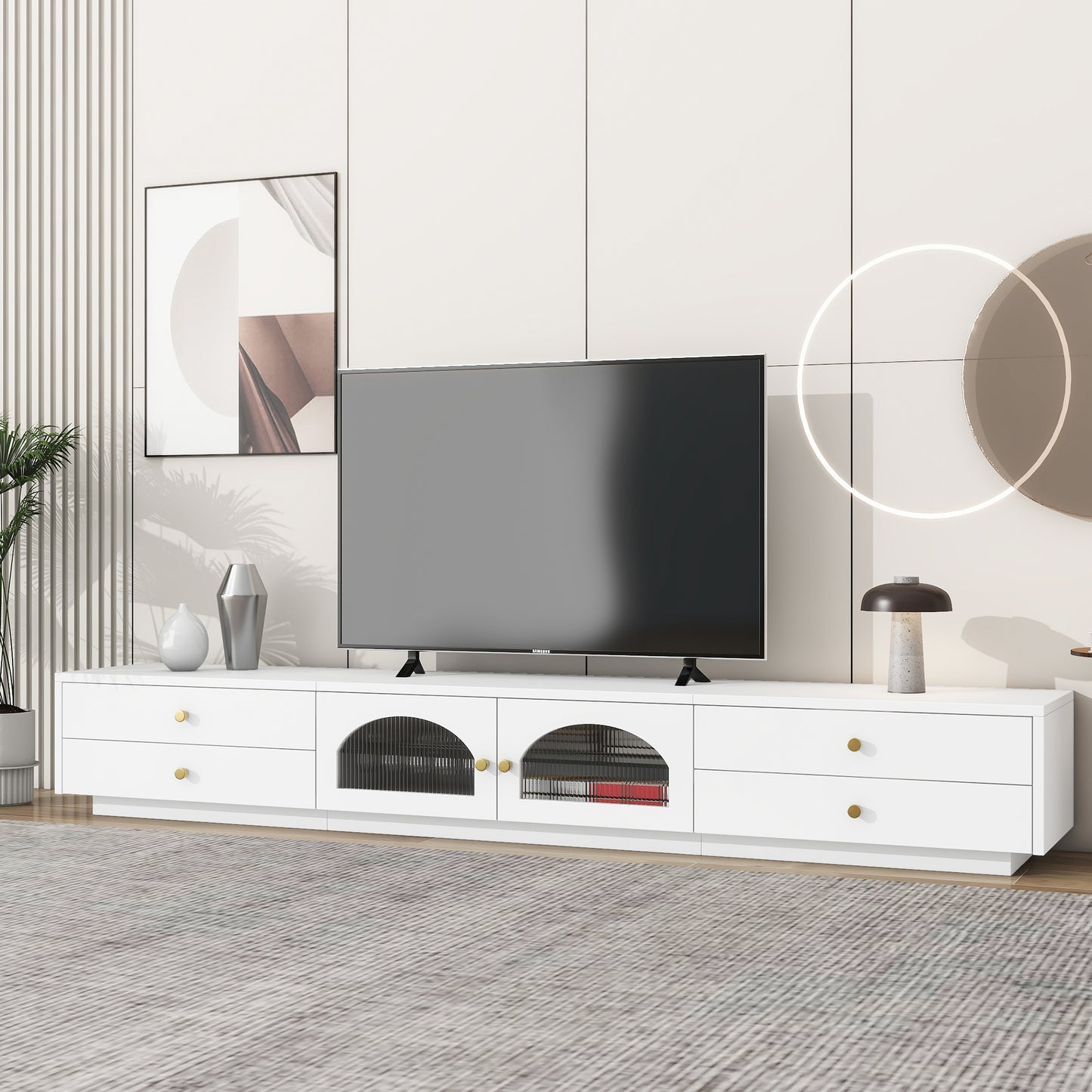 ON-TREND Luxurious TV Stand with Fluted Glass Doors, Elegant and Functional Media Console for TVs Up to 90'', Tempered Glass Shelf TV Cabinet with Multiple Storage Options, White