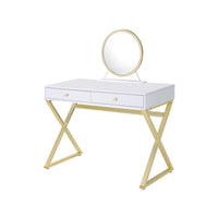 ACME Coleen Vanity Desk w/Mirror & Jewelry Tray in White & Gold Finish