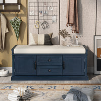 Storage Bench with 2 Drawers and 2 Cabinets, Shoe Bench with Removable Cushion for Living Room, Entryway (Antique Navy)