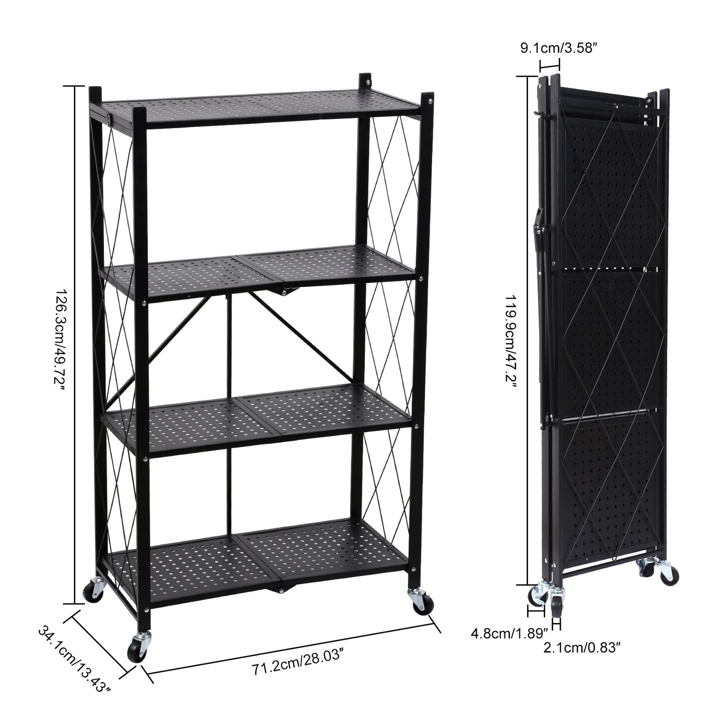 4-Tier Heavy Duty Foldable Metal Rack Storage Shelving Unit with Wheels Moving Easily Organizer Shelves Great for Garage Kitchen Holds up to 1000 lbs Capacity, Black