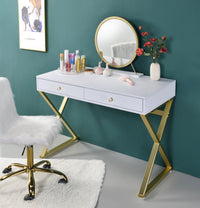 ACME Coleen Vanity Desk w/Mirror & Jewelry Tray in White & Gold Finish