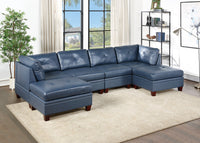 Genuine Leather Ink Blue Tufted 6pc Sectional Set 2x Corner Wedge 2x Armless Chair 2x Ottomans Living Room Furniture Sofa Couch