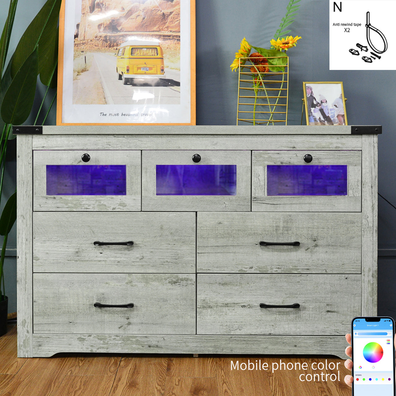 Wooden locker, living room side cabinet , 7 drawer storage display cabinet, with LED lights, suitable for living room, bedroom, corridor.