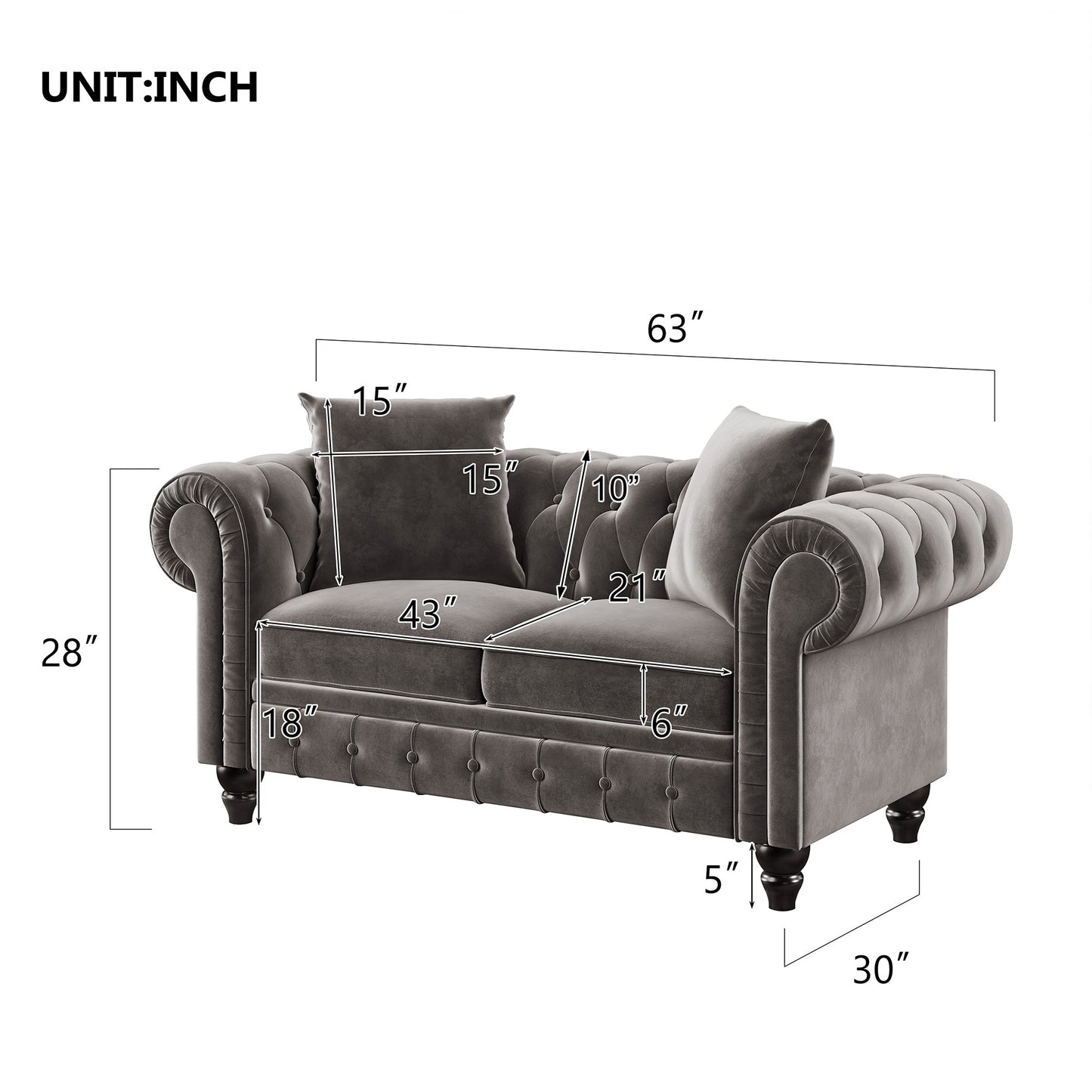 63" Deep Button Tufted Velvet Loveseat Sofa Roll Arm Classic Chesterfield Settee, 2 Pillows Included