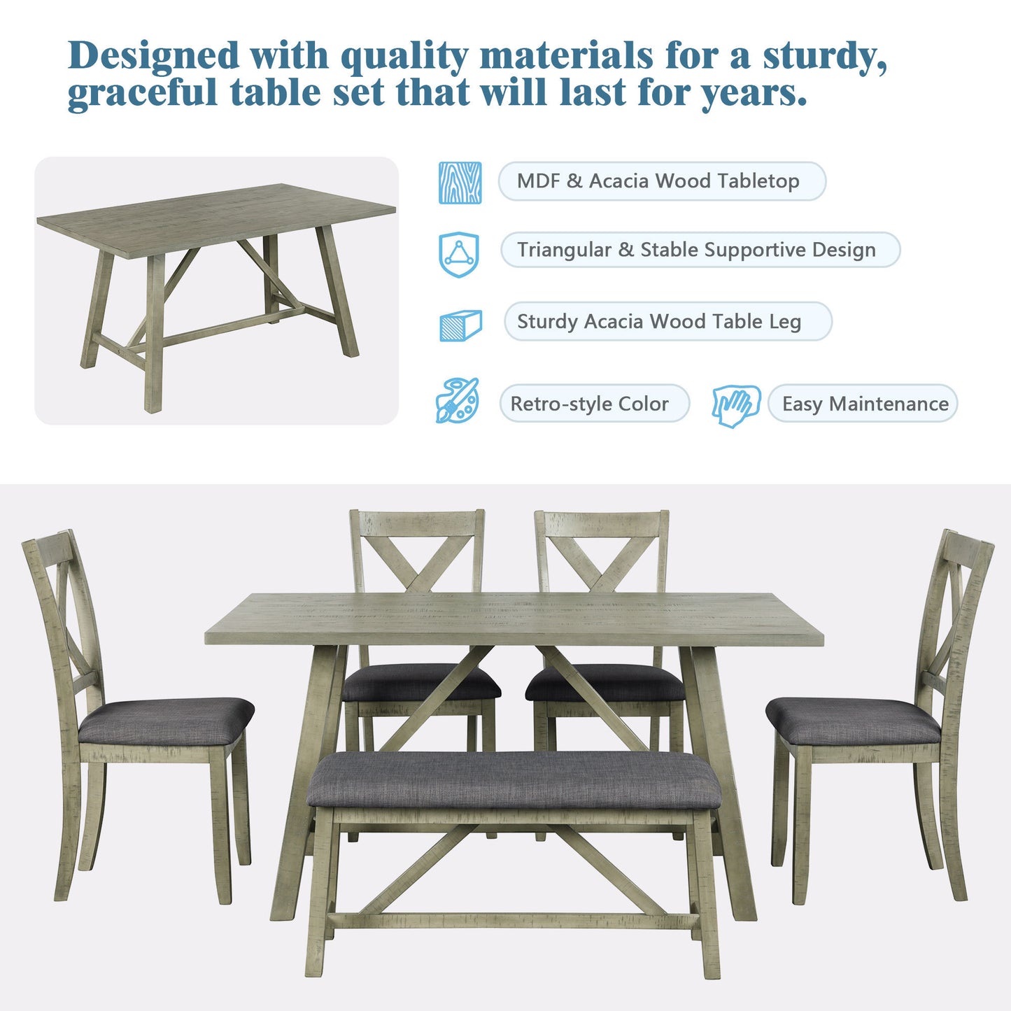 6 Piece Dining Table Set Wood Dining Table and chair Kitchen Table Set with Table, Bench and 4 Chairs, Rustic Style, Gray