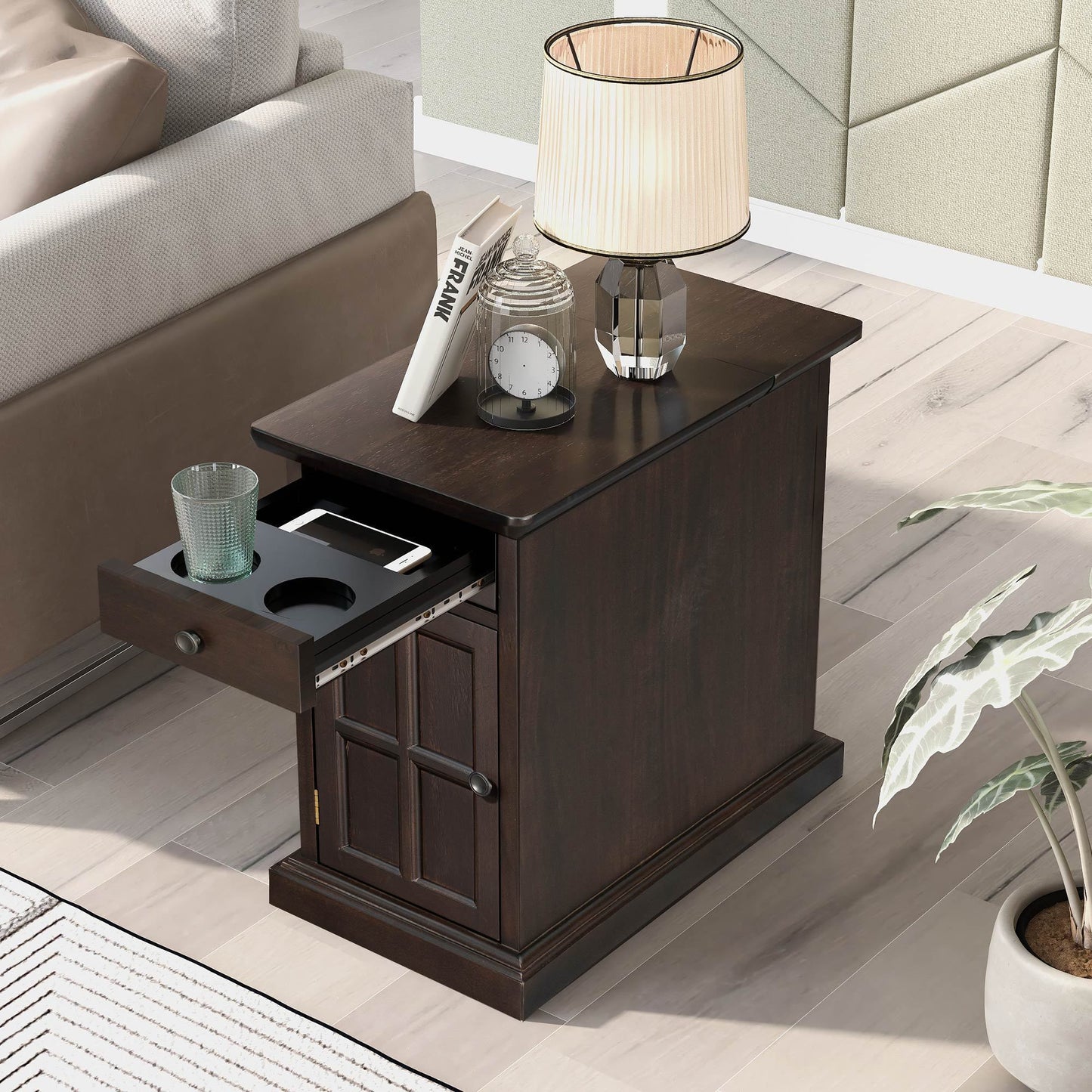 U-Can Classic Vintage Livingroom End Table Side Table with USB Ports and One Multifunctional Drawer with cup holders, Antique Espresso