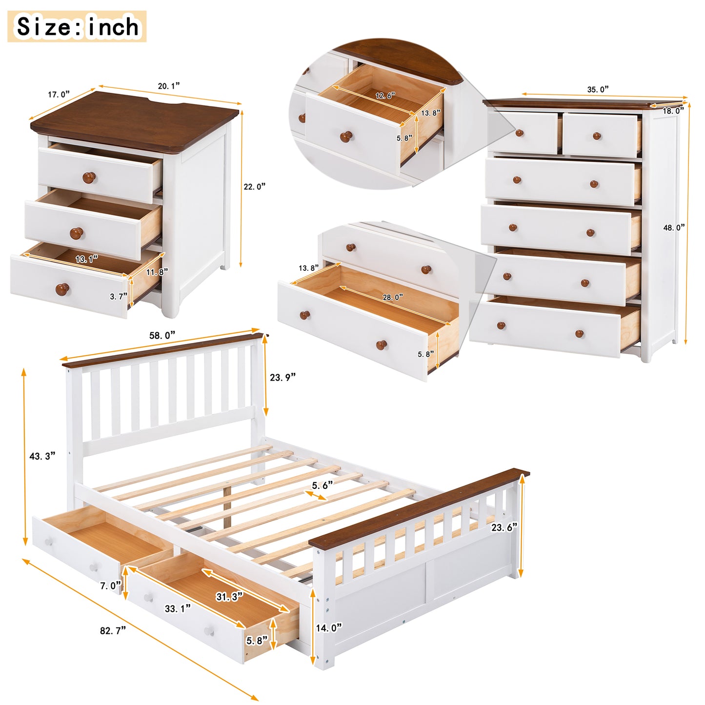 3-Pieces Bedroom Sets Full Size Platform Bed with Nightstand(USB Charging Ports) and Storage Chest, White+Walnut