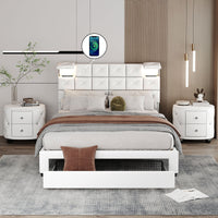 3-Pieces Bedroom Sets, Queen Size Upholstered Platform Bed with Two Wireless Chargers, Two Motion Activated Night Lights and Two Nightstands-White