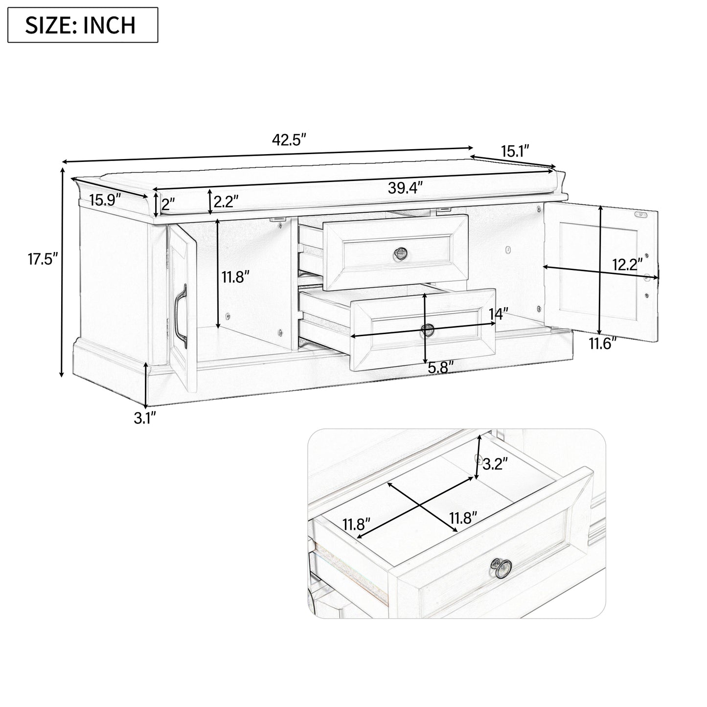 Storage Bench with 2 Drawers and 2 Cabinets, Shoe Bench with Removable Cushion for Living Room, Entryway (Antique Navy)